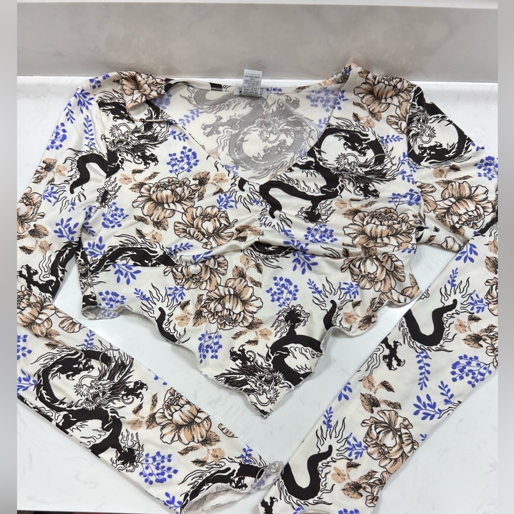 Silky very cropped dragon and flower shirt
